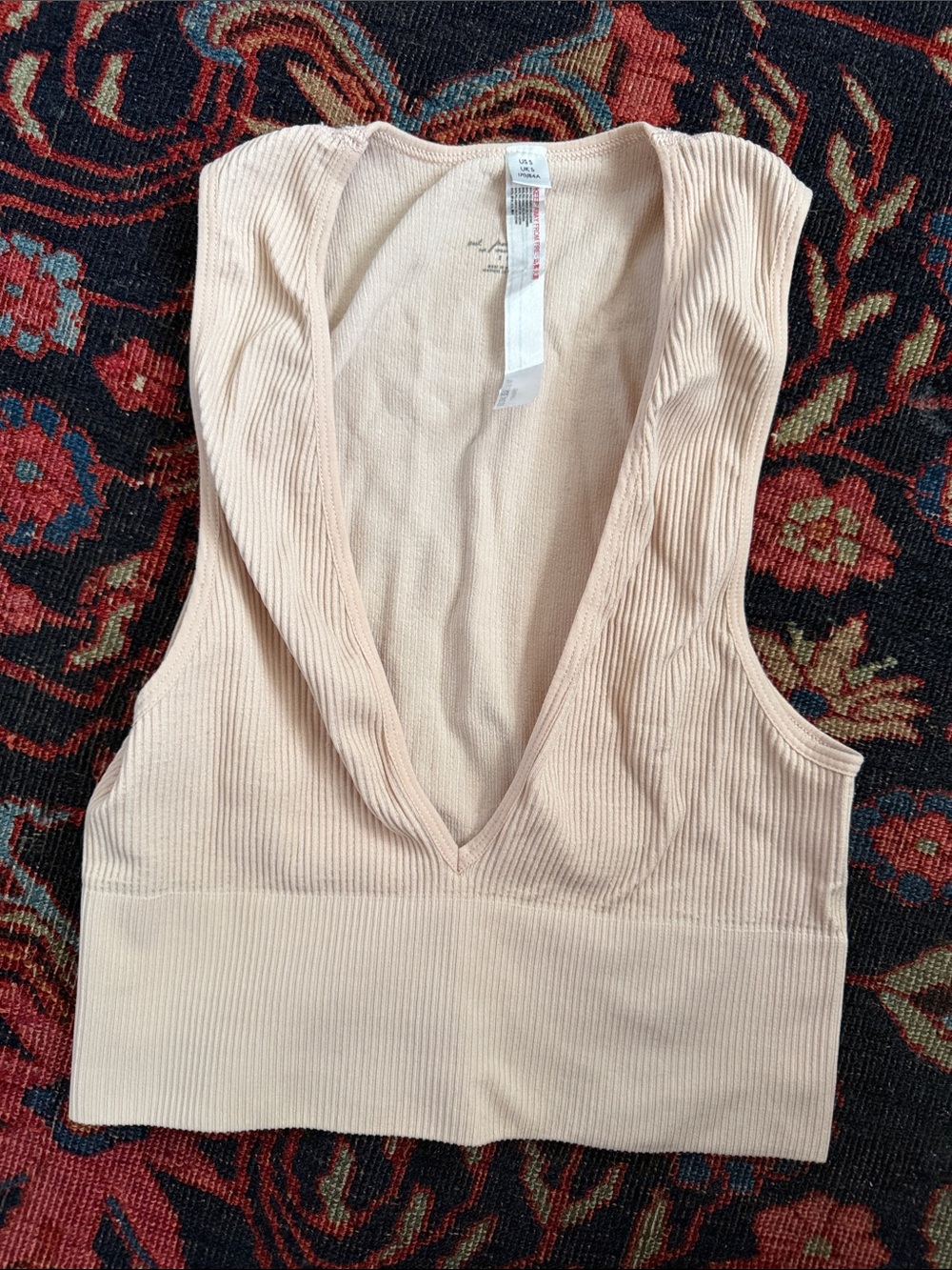 Urban Outfitters Cream Ribbed Deep V Crop Tank